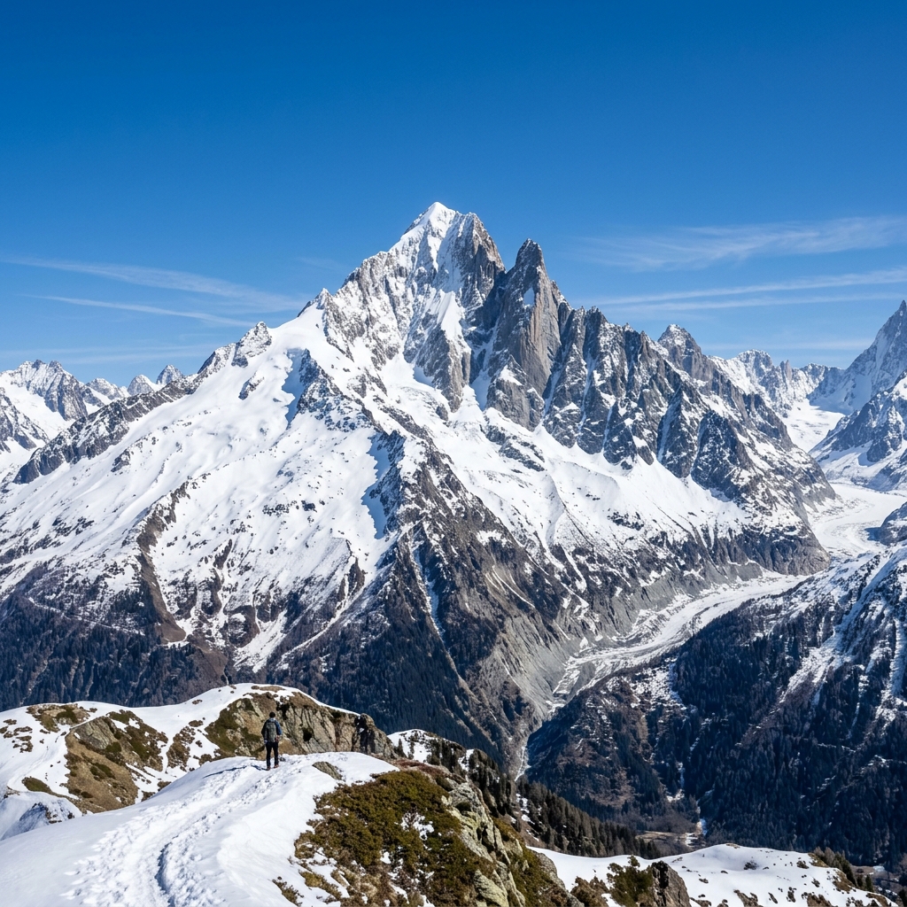 Snowy peaks reaching into the blue sky